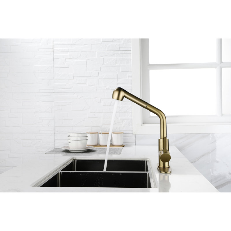 Gold Stainless Steel Kitchen Sink Faucet With Pull-Out - Elegant Design For A Beautiful Easy To Operate Single Handle And Full Range Washing Access