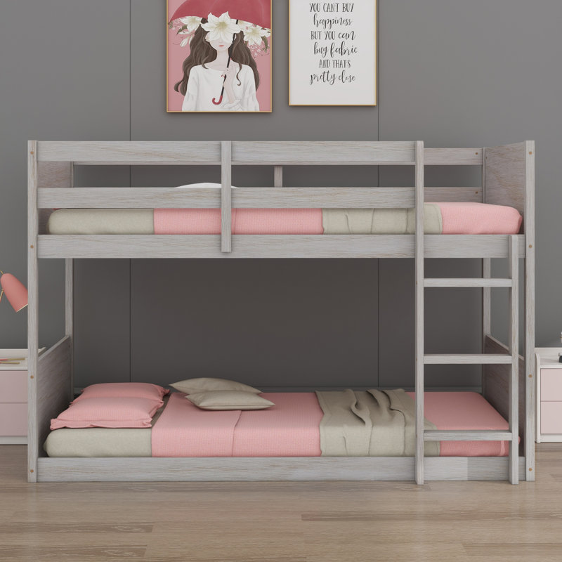 Floor Bunk Bed With Panelled Headboard And Footboard, Solid Wood Foundation With Safety Guardrails, Built-In Ladder