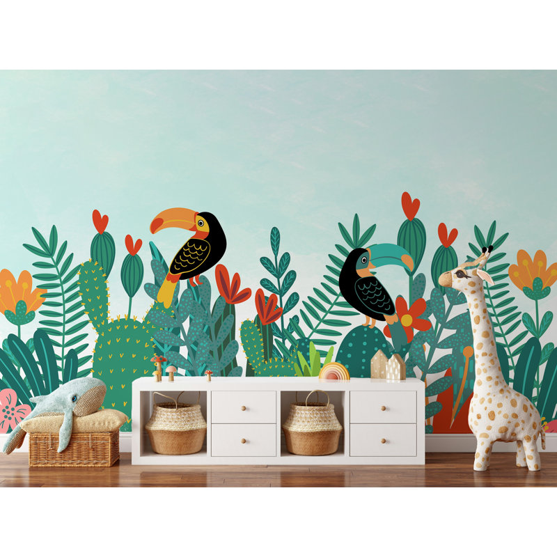 Papier peint jungle tropicale avec fleurs de cactus, L 105,96 po x l 187 po