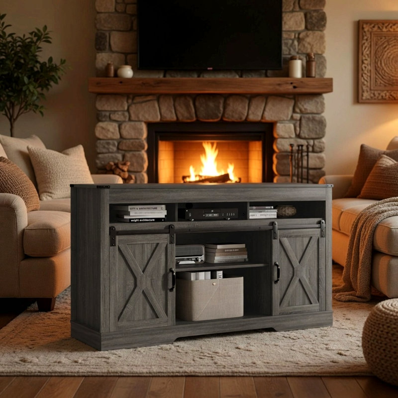 Meuble télé de style ferme de 58 po avec portes coulissantes de style grange et rangement, pour téléviseurs de 65 po et plus - Gris foncé