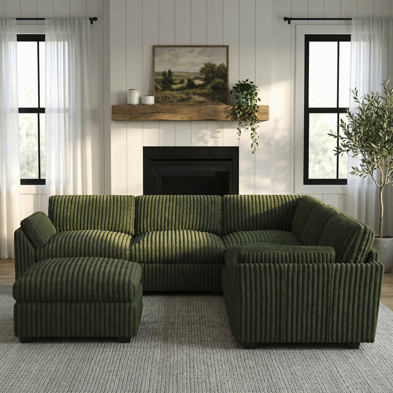Canapé modulaire en L modulaire avec repose-pieds amovible, Velours côtelé vert
