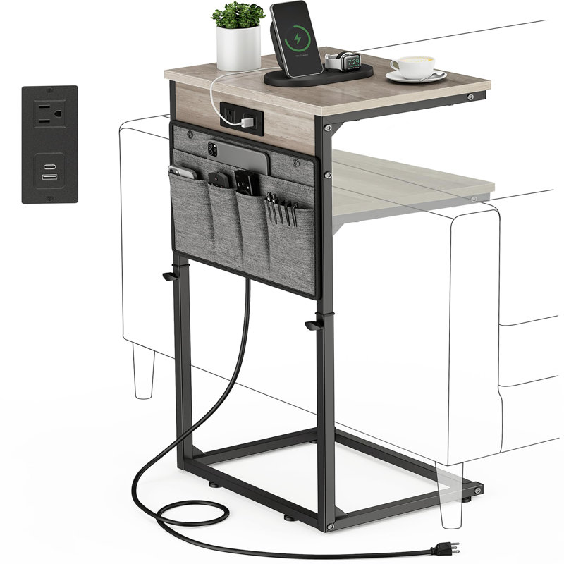 C Shaped End Table With Charging Station, 33" Tall Side Table For Couch, C Table Adjustable Height Small Couch Side Table, Slide Under Sofa Table TV Tray Arm Table For Living Room, Greige