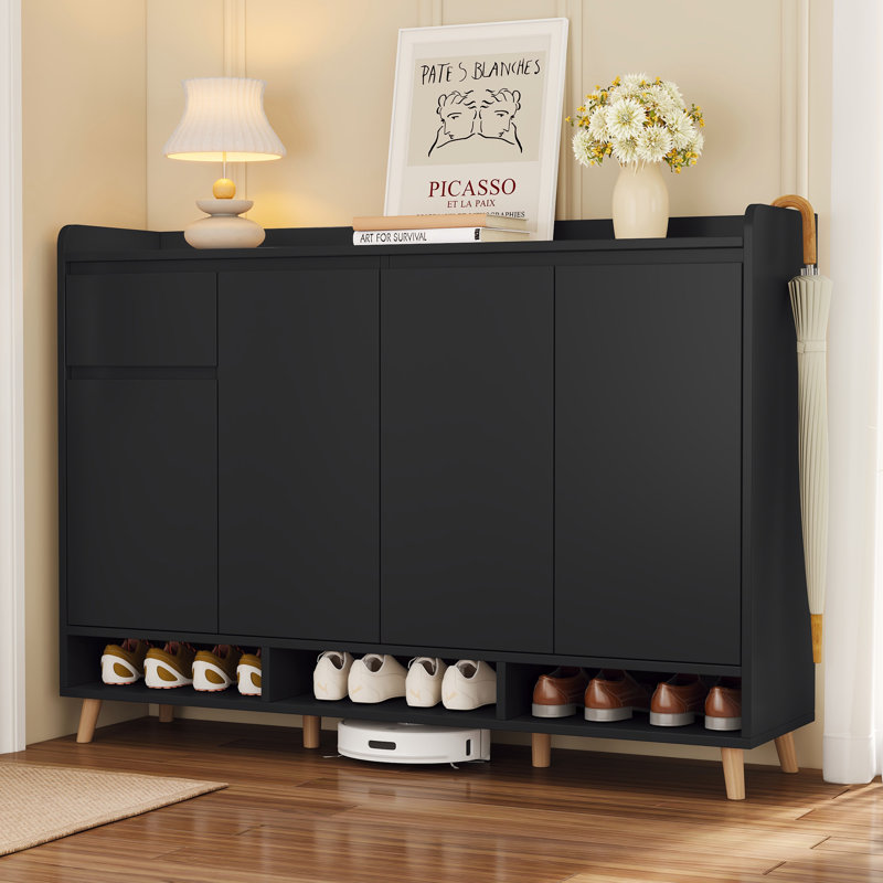 Contemporary Shoe Cabinet With Adjustable Shelves, Minimalist Storage Cabinet, Accent Cabinet With 1 Drawer , Black