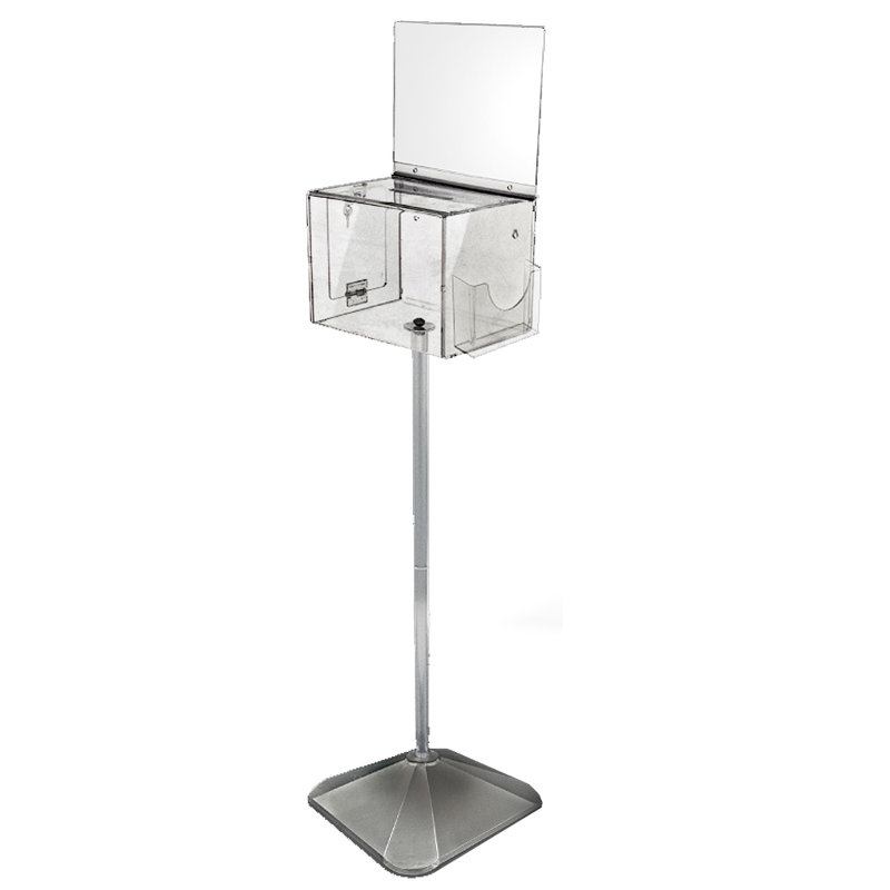 Extra Large Suggestion Box with Lock and Keys on Pedestal. Color: Clear