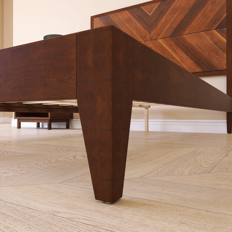 Lit plateforme Mid-Century à structure en bois avec tête de lit grain de bois, Double