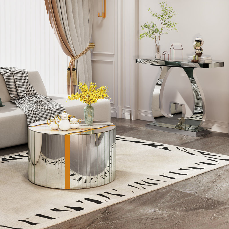 Miroir cylindrique argenté rond blanc avec motif de marbre blanc
