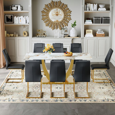Ensemble de table de salle à manger moderne 71 po avec chaises en similicuir, table rectangulaire avec base en métal doré pour la salle à manger ou la cuisine