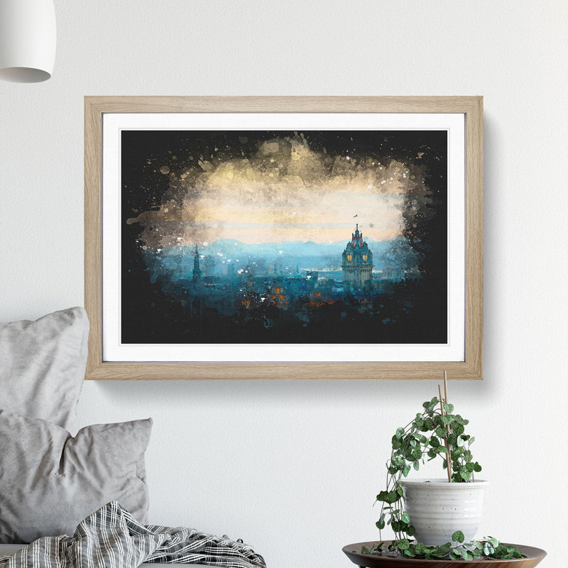 Edinburgh Skyline In Scotland Paint Splash - Picture Frame Graphic Art, 24cm H x 33cm W x 2cm D, Oak Framed