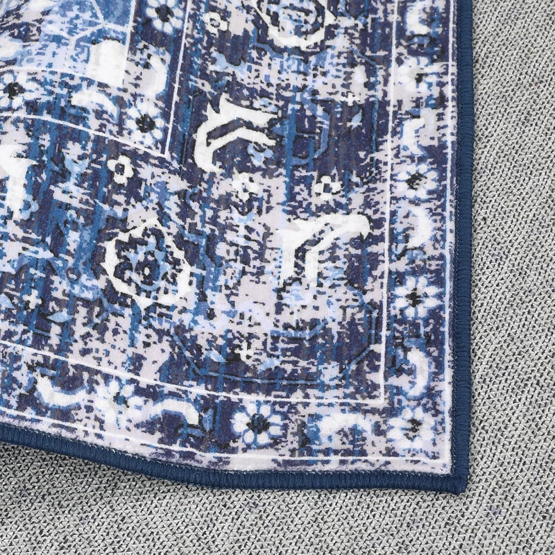 Vintage Washable Rug, Low-Pile, Thin, Stain-Resistant, Non-Slip for Living Room, Bedroom, Dining, Blue, Rectangle 8' x 10'