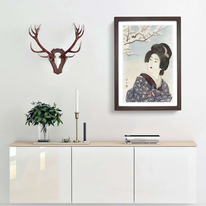 Beauty And A Plum Tree by Ito Shinsui - Single Picture Frame Painting, 63cm H x 45cm W x 2cm D, Walnut Framed