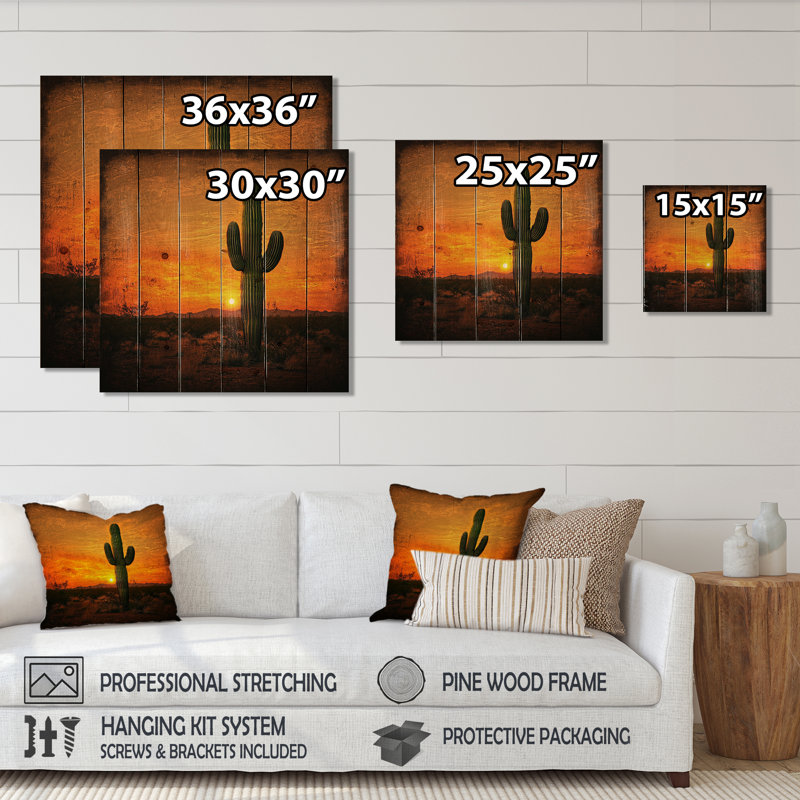 Cactus dans le désert Glow I - décoration murale en bois de cactus floral - sur bois de pin naturel
