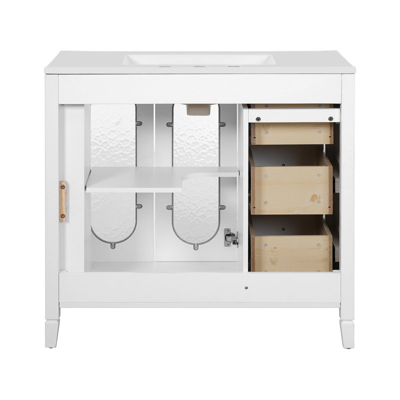 Armoire de meuble-lavabo à cadre en bois massif 36 po avec lavabo en céramique, 2 portes en verre à fermeture douce et 3 tiroirs