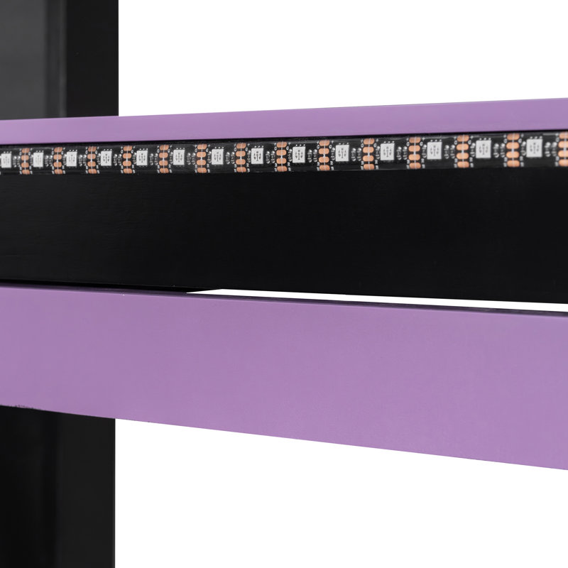 Full Loft Bed With Lighted Computer Desk, Keyboard Tray, Storage Shelves And Blackout Curtain, Purple