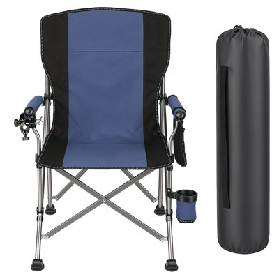 Chaise de pêche pliante avec porte-canne, chaises d'extérieur portatives robustes pouvant supporter une chaise pliante pliable de 330 lb pour l'extérieur avec porte-gobelet et sac de transport, chaise de jardin pliante pour les sports de pêche à la plage (noir et bleu)