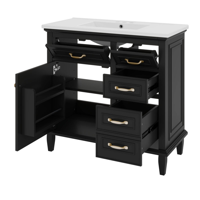 Meuble-lavabo 36 po avec comptoir en céramique, tiroirs rabattables, tablette réglable, Noir