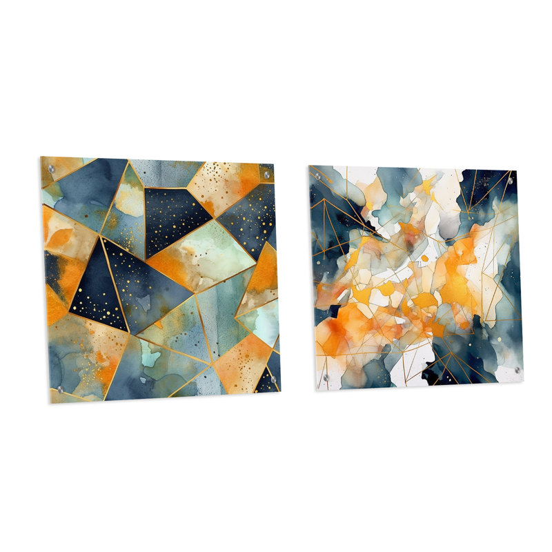 Formes de marbre asymétriques bleues et jaunes - ensemble abstrait géométrique en verre acrylique, H 16 po x l 33 po