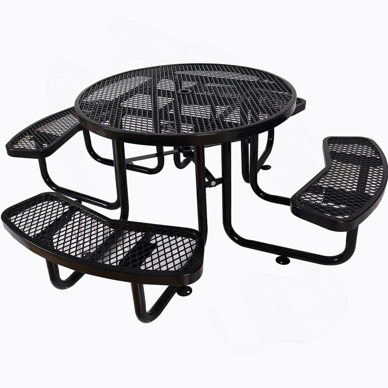 Table de pique-nique ronde en acier 46 po avec mât de parasol, Noir