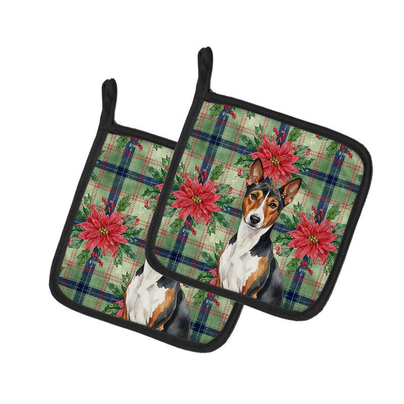 Paire de porte-casseroles tricolores et blancs Basenji Christmas Poinsettas, Noir/brun/blanc