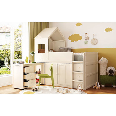 Lit mezzanine simple beige avec bureau coulissant coulissant, armoires fermées et tiroirs de rangement ouverts pour les petits espaces