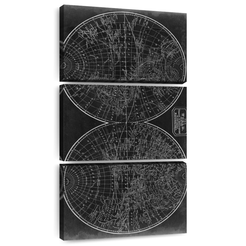 Plan du monde en demi-sphères, H 27 po x l 12 po