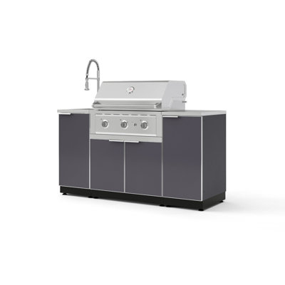 Ensemble d'armoires pour l'extérieur en aluminium gris ardoise 5 pièces avec évier, 1 porte, armoire de barbecue, barbecue au gaz naturel performant 33 po, comptoir en acier inoxydable 16 po et robinet chromé