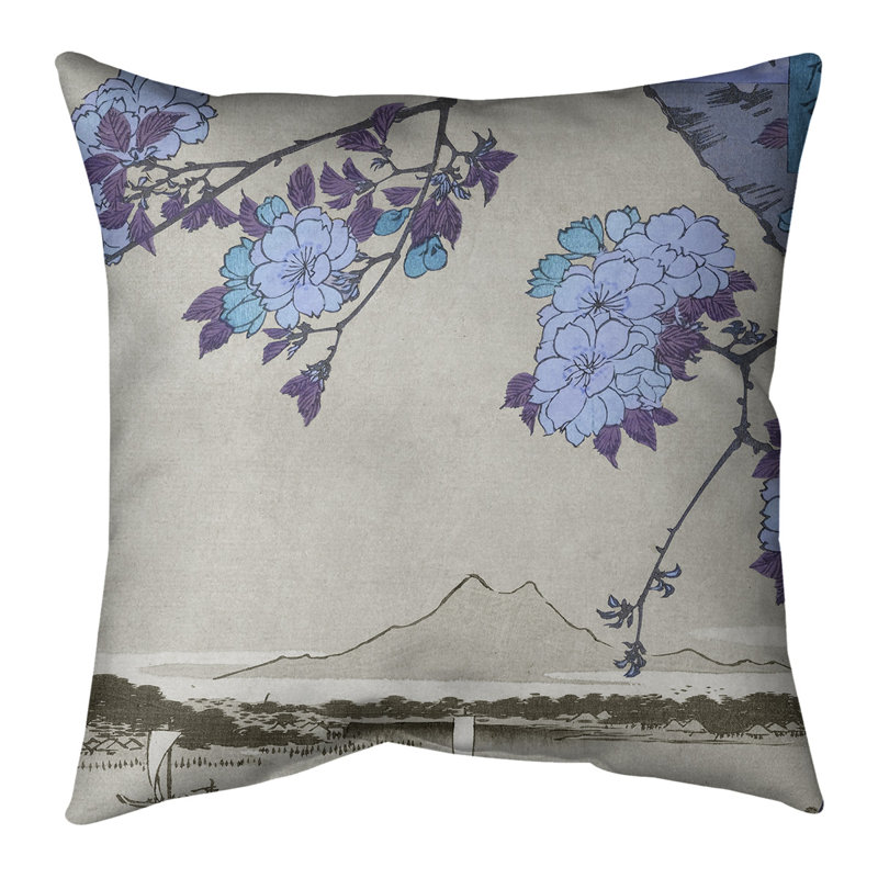 Housse de coussin Utagawa Hiroshige Blossoms Over the River, 20 po x 20 po, Bleu, Housse de coussin seulement
