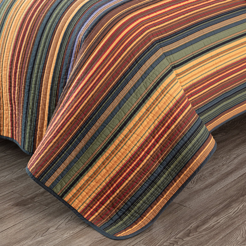 Avery Striped Pre-Washed Cotton Quilt Set, Red/Yellow/Dark Blue, Oversized King Quilt + 2 King Shams