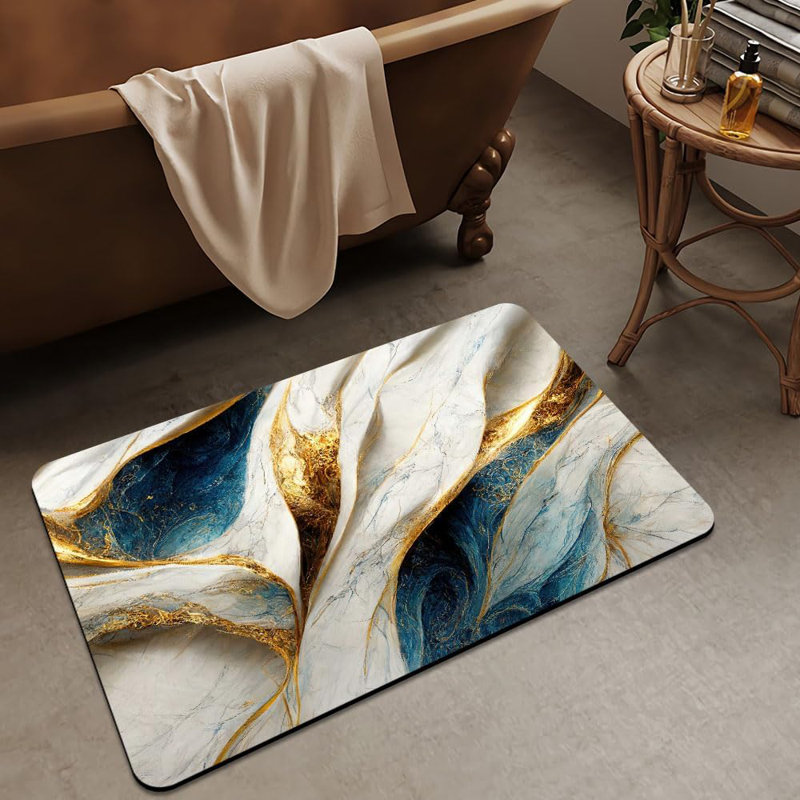 Bath Mat Rug,Abstract Blue and gold marble Non Slip Quick Dry Super Absorbent Thin Bathroom Rugs Fit Under Door-Easy to clean Bathroom Floor Mats-Shower Rug for Shower Sink Bathtub(16" x 24"In)