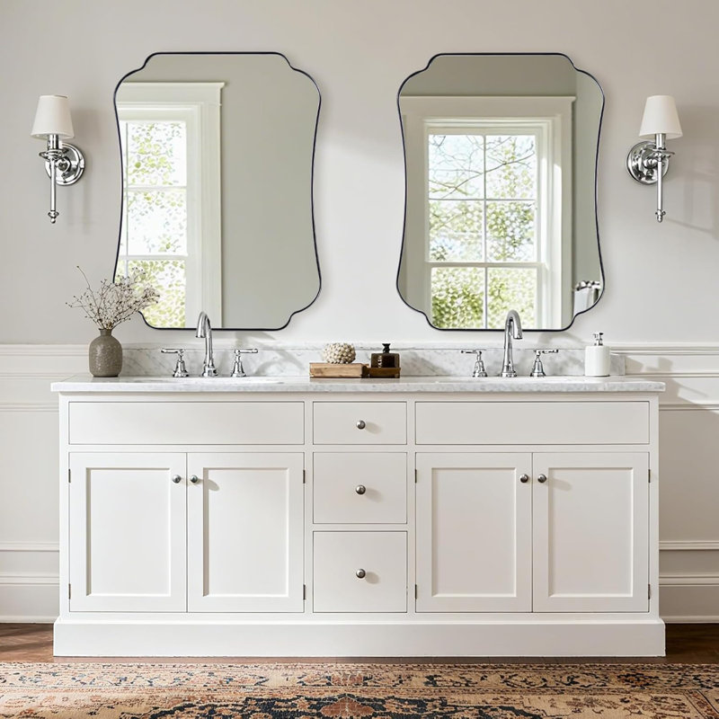 Contemporary Concave Edge Scalloped Bathroom Vanity Mirror | Stainless Steel Frame, Polished Chrome, 40" x 30"