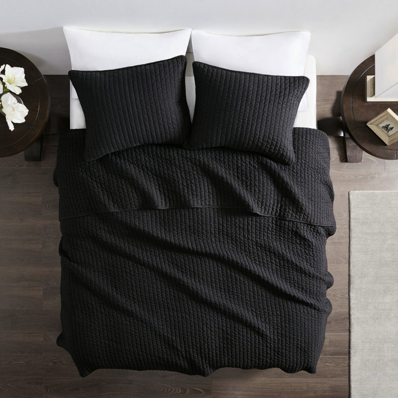 Courtepointe simple / simple TG en noir, microfibre avec coton à l'intérieur, réversible pour différentes saisons, 2 pièces et 1 taie décorative, literie noire en coton
