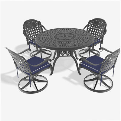 Ensemble de salle à manger 5 pièces en aluminium coulé résistant aux intempéries, comprenant 4 chaises pivotantes et une table ronde de 47,24 po avec structure noire (même SKU: W1710S00448)
