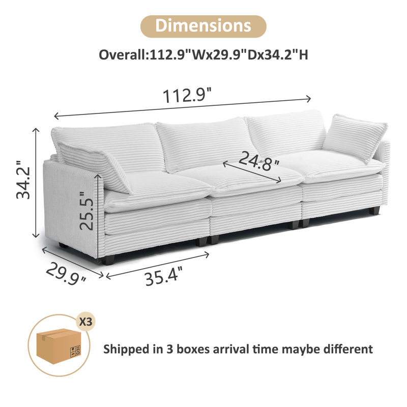 Canapé modulaire modulaire en velours côtelé avec assise profonde et canapé en L surdimensionné à 3 places, Blanc