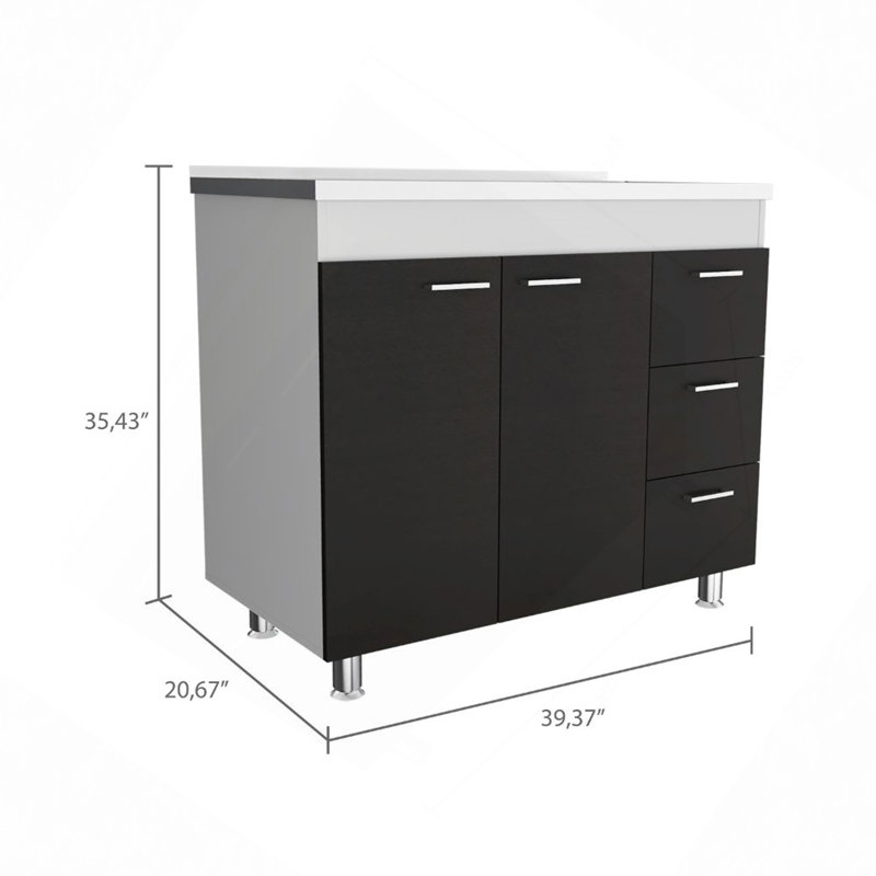 Armoire inférieure, trois tiroirs, porte double, quatre pieds