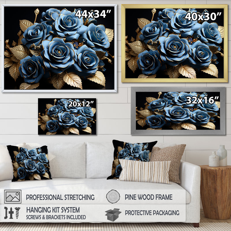 Arrangement de roses bleu azur Elegance I, H 34 po x l 44 po x P 1,5 po, Cadre flottant doré