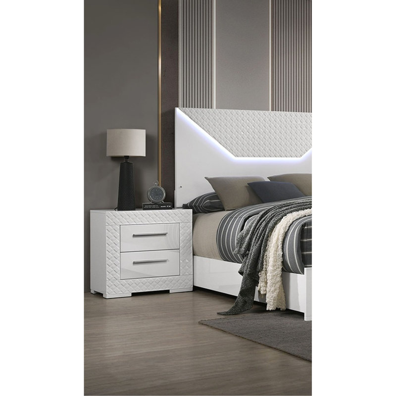 Table de chevet blanche moderne à 2 tiroirs avec quincaillerie, finition ultrabrillante et bois d'ingénierie