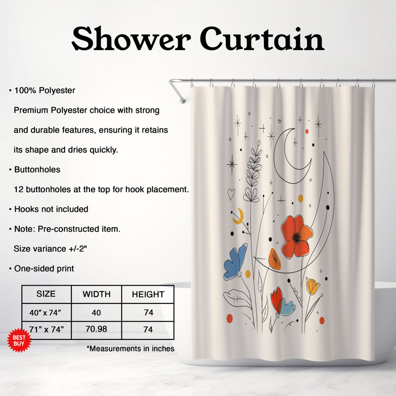 Rideau de douche standard 1 pièce, H 74 po x l 71 po, Floraison minimale