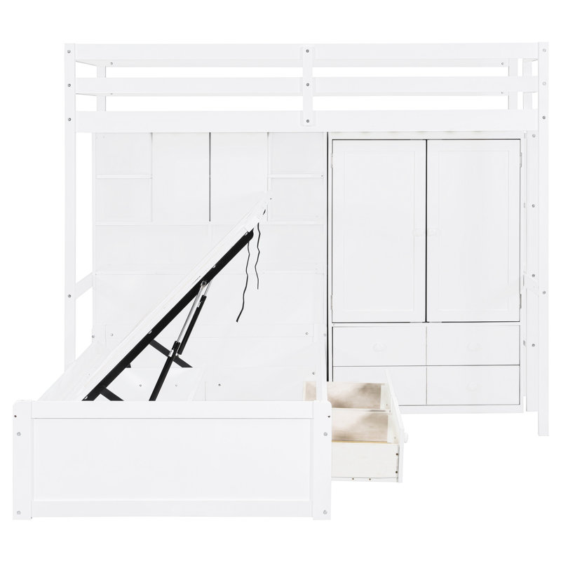 White Twin Bunk Bed With Drawers, Built - In Wardrobe, Hydraulic Storage And Shelves For Bedroom Organization Featuring Six Home Upgrade