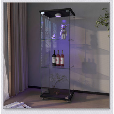 Modern Glass Display Cabinet with LED lights, Quick-assembly Antique Cabinet, Tempered Glass Bookshelf, Suitable for Living Room and Bedrooms, 1-door 3-shelf