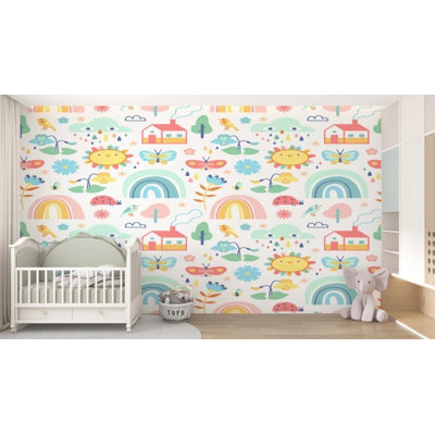 Kids Colorful World Map Animals Continents Teal Ocean Educational Illustrated Mural
