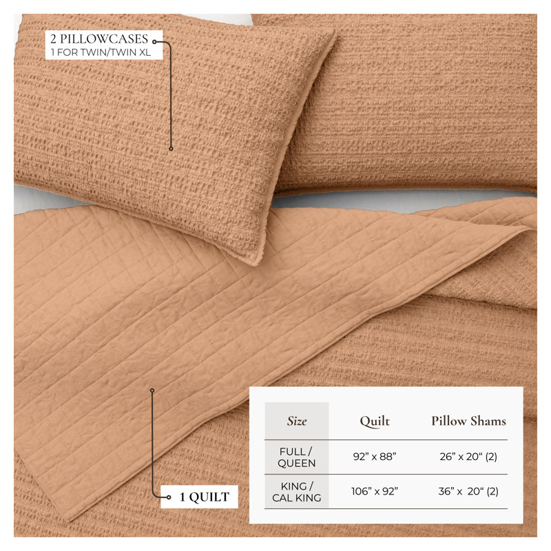 100% Cotton Garment Washed Honeycomb Waffle Quilt and Sham Set, Clay, King Quilt + 2 King Shams