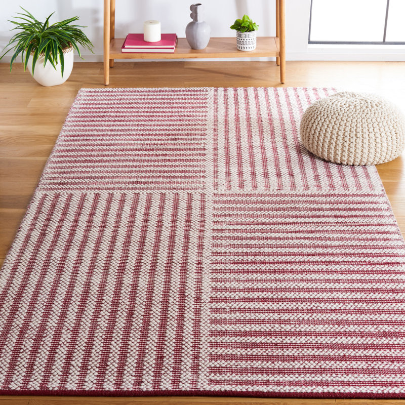 Isatou Hand Woven Wool/Cotton Striped Rug in Red/Ivory, Rectangle 5' x 8'