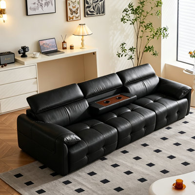 Oversize Genuine Leather Sofa, Tufted 3-Seater Couch with Pillow Arms, Adjustable Headrests, and Drop-Down Cup Holder Console For Living Room