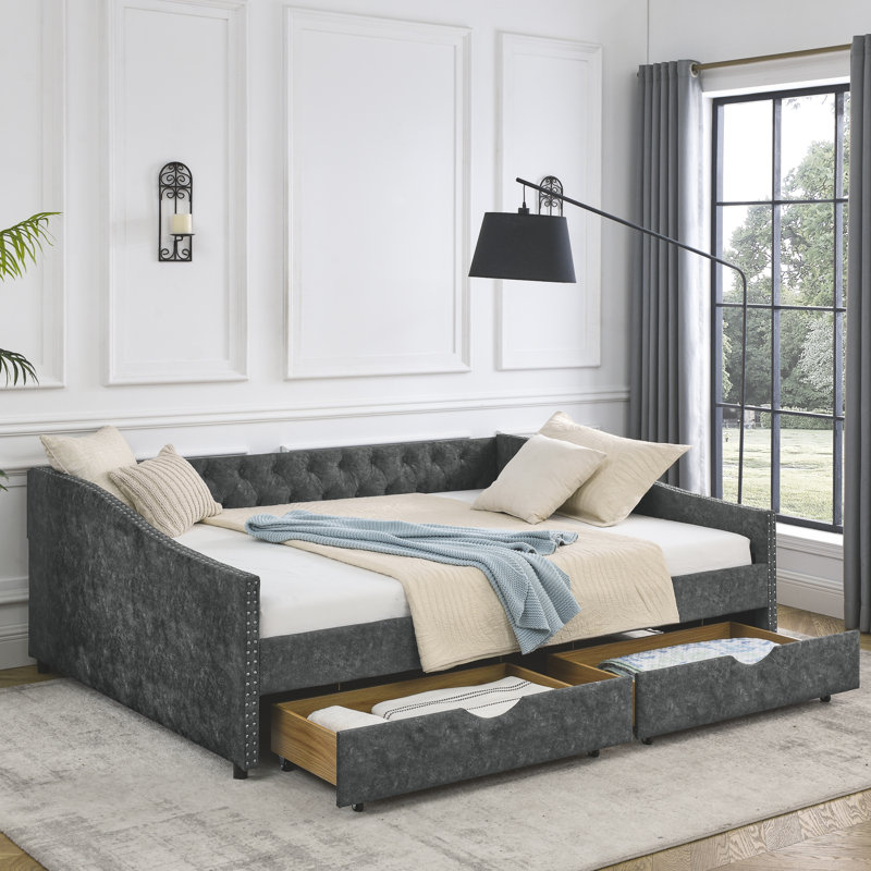  Queen Upholstered Daybed with Tufted Backrest, Nailhead Trim and Underbed Storage Trundle, Grey, Grey