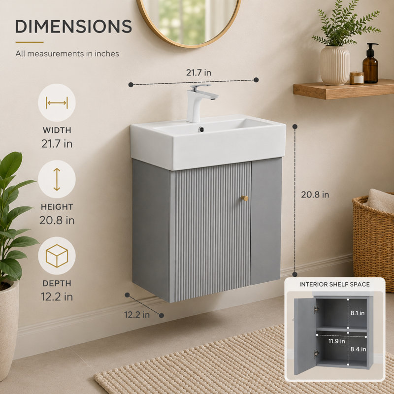 Base de meuble-lavabo mural gris mat de 21,7 po avec tablettes ouvertes du côté droit; la base est vendue comme un seul article.