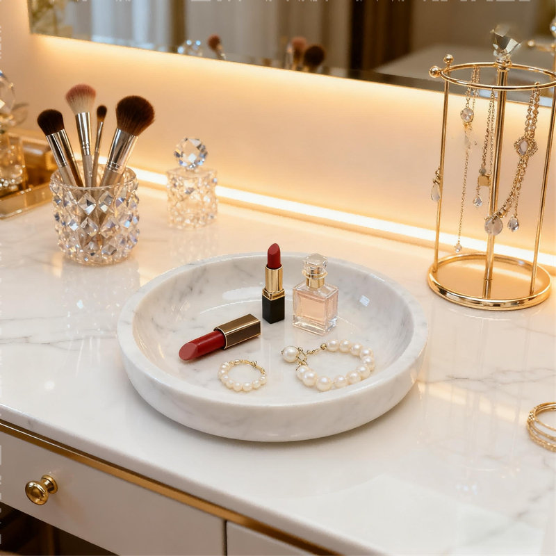 Bol en marbre blanc, plateau de pierre rond de 7,87 pouces pour centre de table et organisateur de meuble-lavabo, Blanc