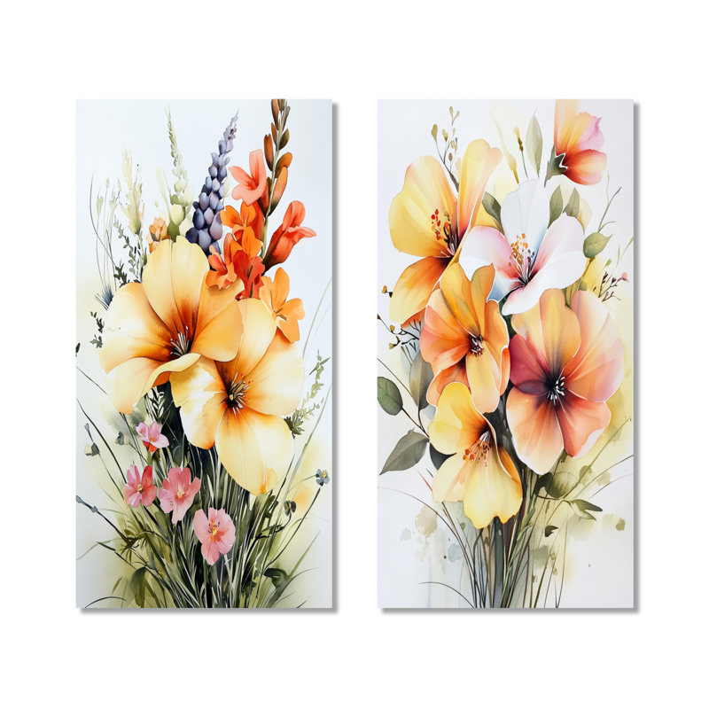 Fusion florale dans les prairies d'été - ensemble d'art mural en métal botanique jaune de 2 impressions, 32" H x 32" W