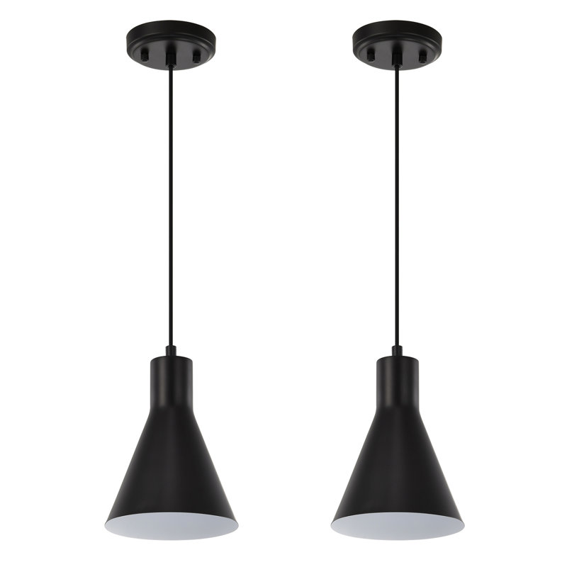 Suspension conique en métal noir mat à 1 lumière, cordon réglable, intensité variable, câblée, pour îlot de cuisine ou salle à manger, ensemble de 2