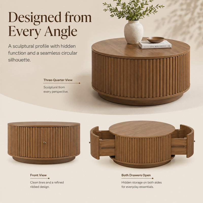 Table basse cylindrique 30,3 po Caston, H 16,6 po x l 30,3 po x P 30,3 po, Brown Wood