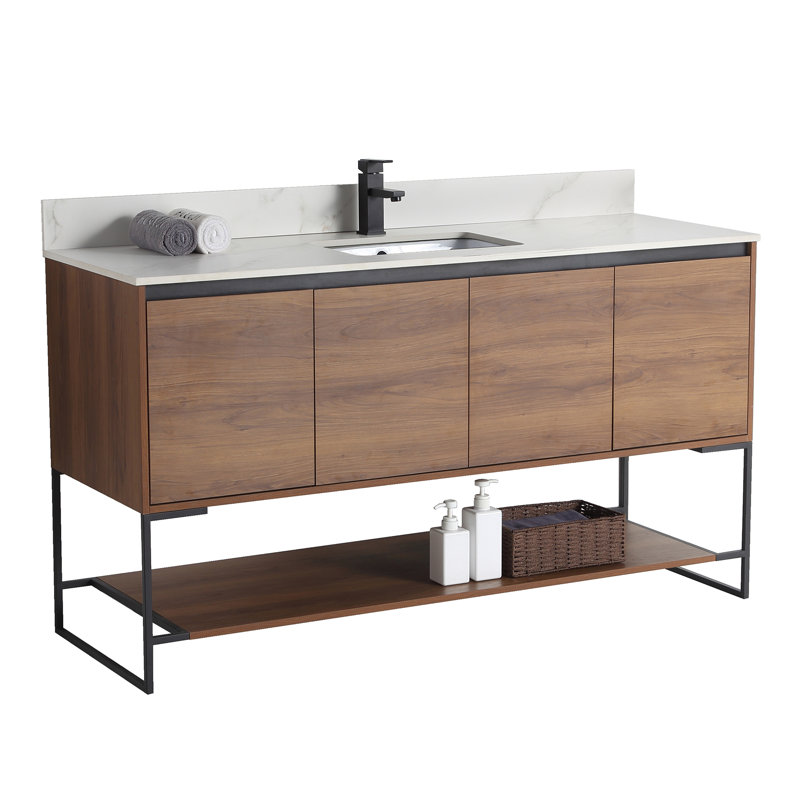 Carliana 59.37'' Single Bathroom Vanity with Stone Top, Walnut