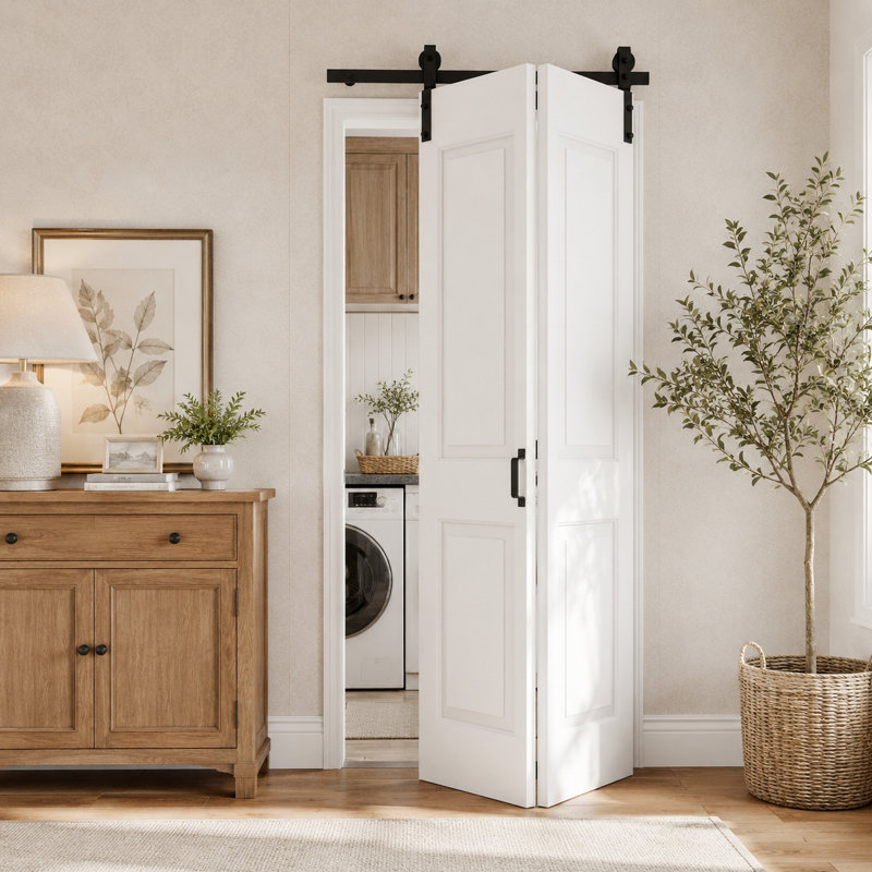 Porte de grange pliante à 4 panneaux, âme creuse, 91,4 cm x 213,4 cm, avec quincaillerie incluse, panneaux de porte préassemblés (idéale pour les placards, garde-manger, buanderies, salles de bains et autres petites pièces).
